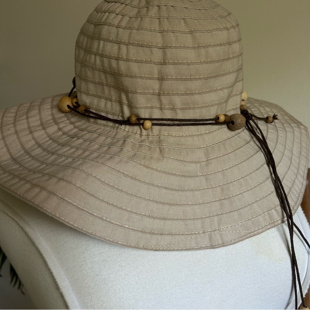 Route 66 Tan Cotton Canvas Sun Hat with Ropes and Beads One Size Fits Most